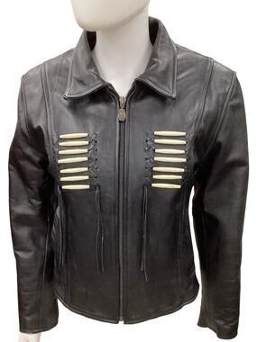 VTG ZR1 Jacket Women’s Size S Leather Moto Style Native American Beading Black